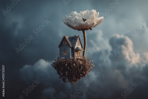 A miniature weathered house rests on a small, floating island of wildflowers, supported by a giant white flower against a dramatic, cloudy sky