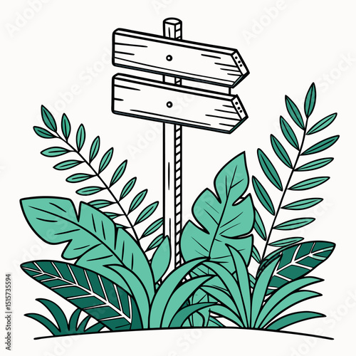 Wooden Signpost Surrounded By Lush Green Vegetation