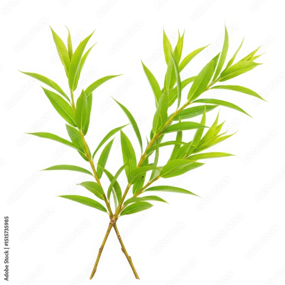 Fototapeta premium Two willow branches with green leaves isolated on transparent background. for botanical illustrations and design elements use cases.