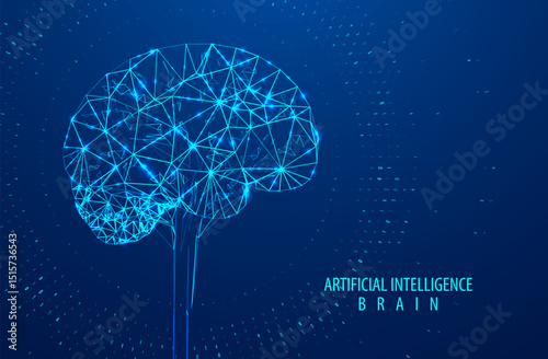 Artificial Intelligence illustration of brain. Machine learning concept. Abstract glowing brain connections. Particles liquid dynamic flow. Graphic concept for your design