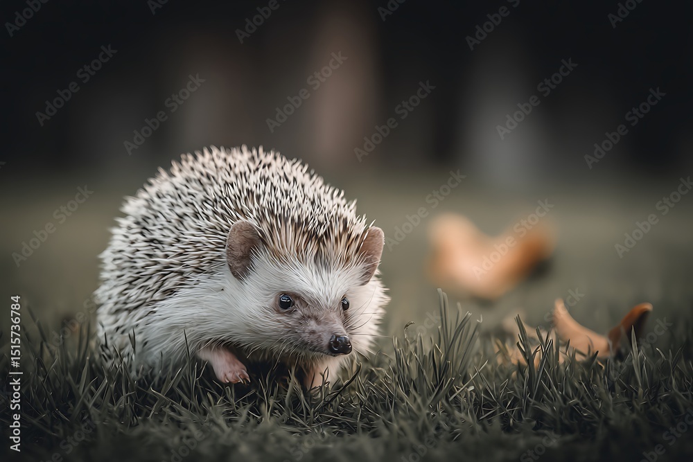 Fototapeta premium Hedgehog exploring grassy ground looking forward