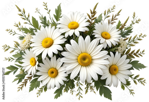 Realistic White Daisy Flower PNG Clipart.Botanical Floral Design Element for Crafts.Transparent Daisy Bouquet for Wedding Use.Spring Wildflower PNG for Digital Projects.flowers for party decoration

