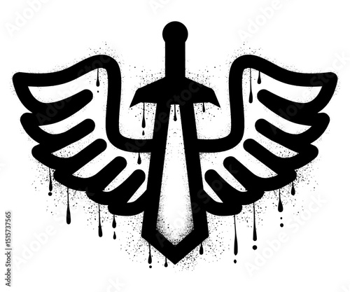 Winged sword graffiti with black spray paint