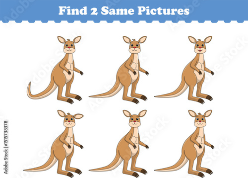 Funny cartoon kangaroo. Find two same pictures. Educational game for children. Cartoon vector illustration