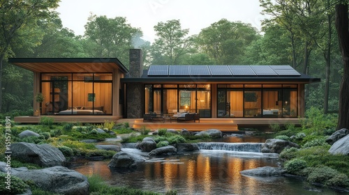 Modern Eco-Friendly House nestled in a serene forest landscape