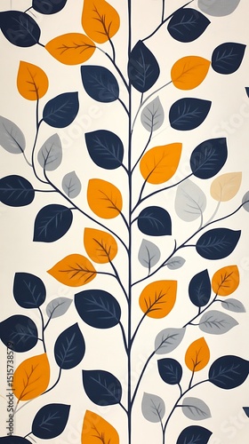 Artistic branches exhibit stylized orange, navy and gray leaves against a neutral background, creating a retro vibe