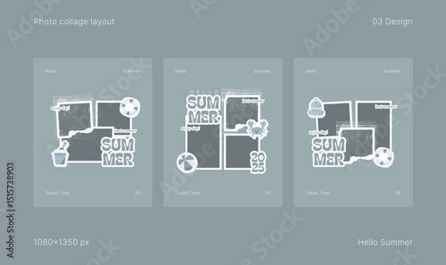Collage Photo Album Layout for Social Media Post. Realistic Summer Photo Album Layout