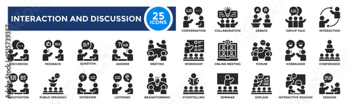 Interaction and discussion solid icons collection. Showing people talking, meeting, and sharing ideas. Perfect for teamwork visuals, workplace communication, and collaboration.