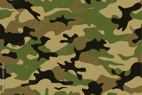 An army camouflage pattern with shades of green, brown, and beige.classic military camouflage background, texture for textiles, fashionable stylish pattern, seamless vector print