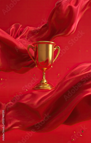 Golden trophy rests on flowing red fabric, gold confetti scattered.  Red backdrop