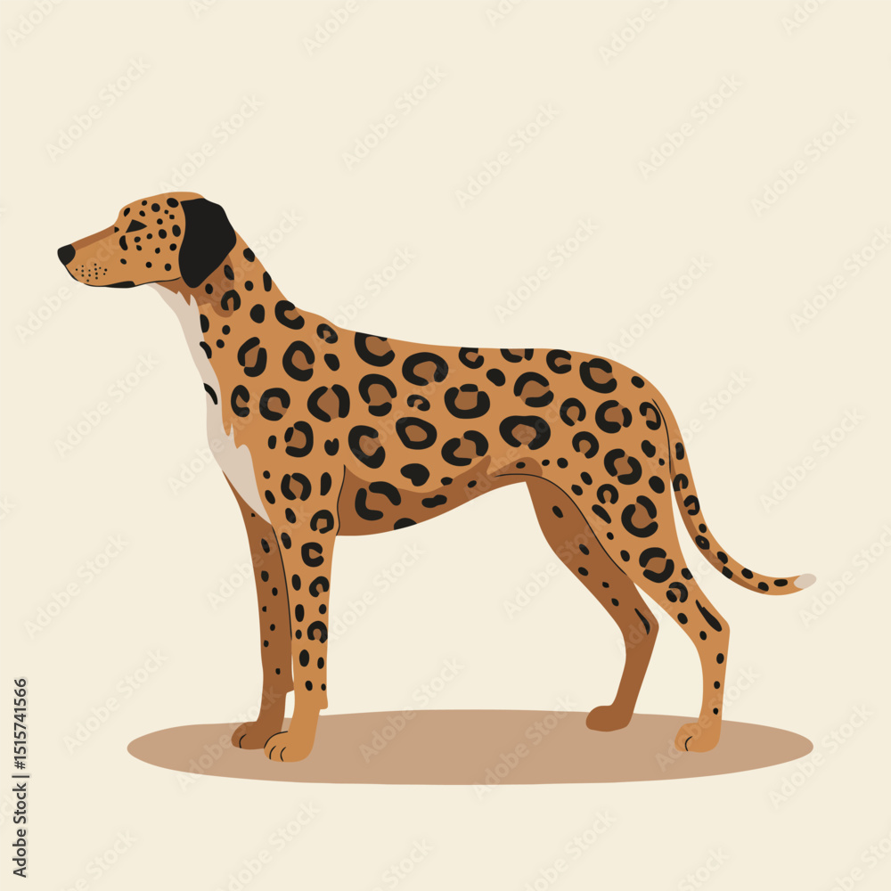 Fototapeta premium Standing Dog with Leopard Print Coat on a Neutral Background