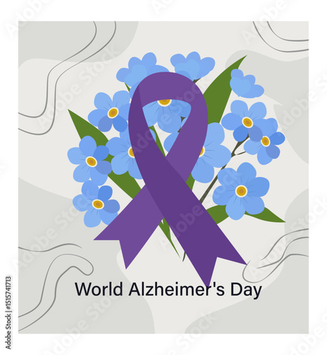 Gentle World Alzheimer's Day Illustration with Forget-Me-Nots and Purple Ribbon-01