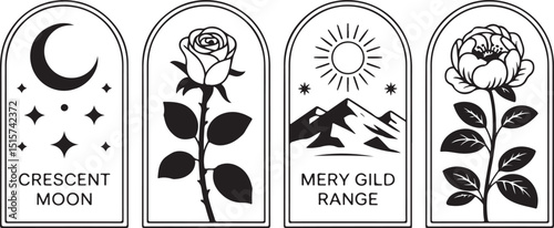 Crescent Moon, Roses, Sun and Mountain Range Minimalist Arch Icon Set in Black and White