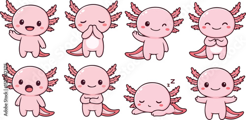 vector illustration of pink coloured axolotl salamander funny cartoon mascot cute character cartoon with 8 poses