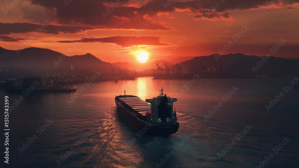 Sunset over harbor with cargo ship sailing through calm waters in vibrant scenery Sunset over harbor with cargo ship sailing through calm waters in vibrant scenery