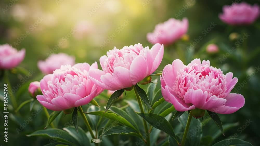 Pink peonies stand in a lush garden, illuminated by warm sunlight that gently filters through the leaves and highlights their delicate petals, copy space. Pink peonies stand in a lush garden, illuminated by warm sunlight that gently filters through the leaves and highlights their delicate petals, copy space.