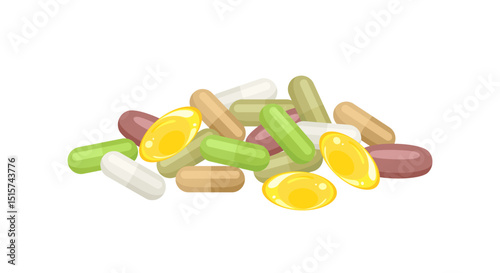 Nature supplements. Heap of herbal pills isolated on white background.  Vector cartoon flat illustration.