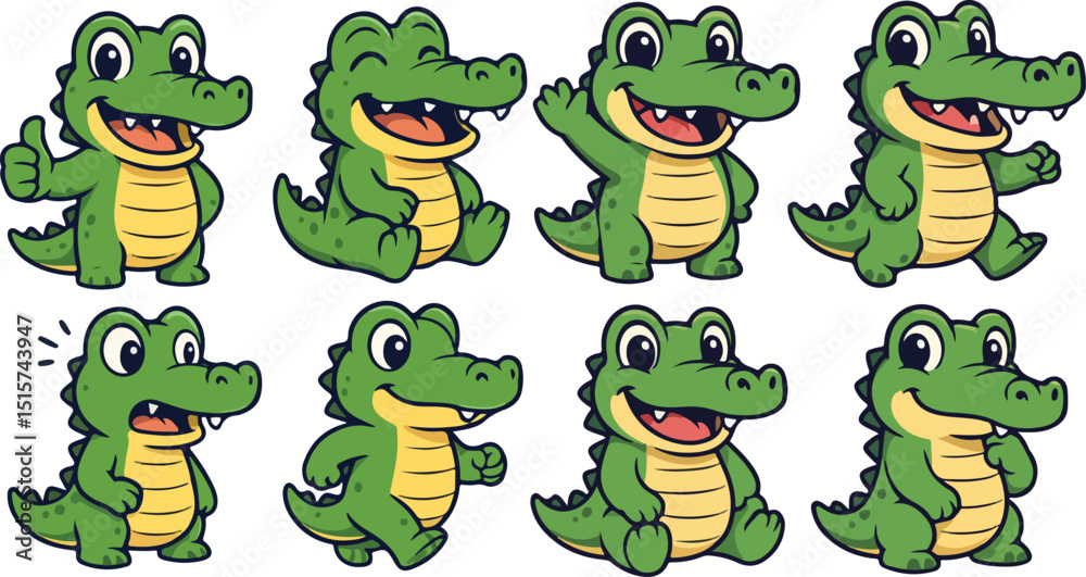 Naklejka premium vector illustration of crocodille alligator reptile funny cartoon mascot cute character cartoon with 8 poses 01