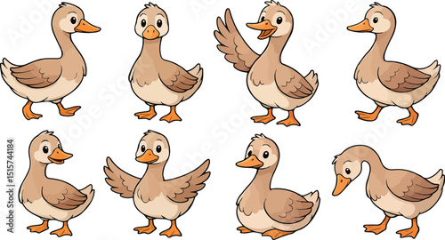 vector illustration of brown coloured swan goose duck funny cartoon mascot cute character cartoon with 8 poses