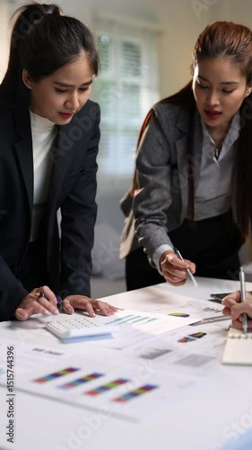 Asian businesswoman analyzing financial charts and graphs, discussing strategies and pointing at important data during meeting.