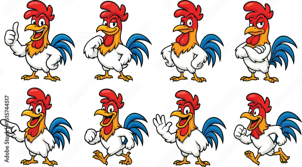 Obraz premium vector illustration of chicken rooster funny cartoon mascot cute character cartoon with 8 poses