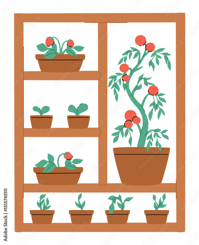 Fototapeta premium Local production concept. Shelf with different plants in pots. Flat vector illustration.