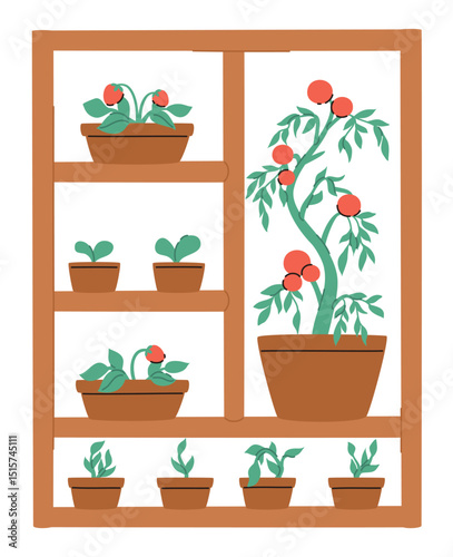 Local production concept. Shelf with different plants in pots. Flat vector illustration.
