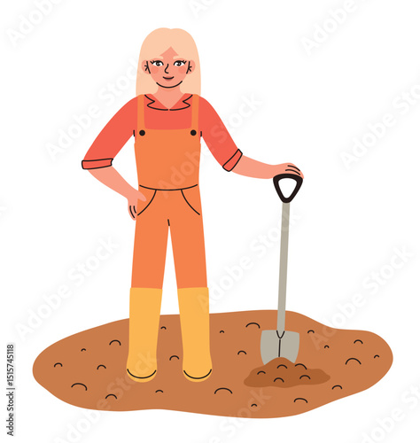 Local production concept. Woman in overalls standing with a shovel in the garden. Flat vector illustration.
