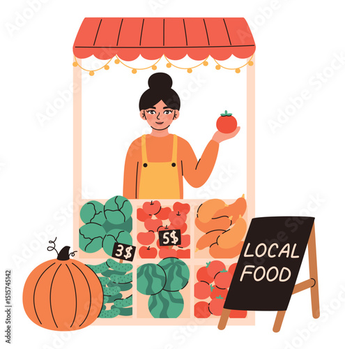 Local production concept. Female farmer selling products from her garden. Flat vector illustration.