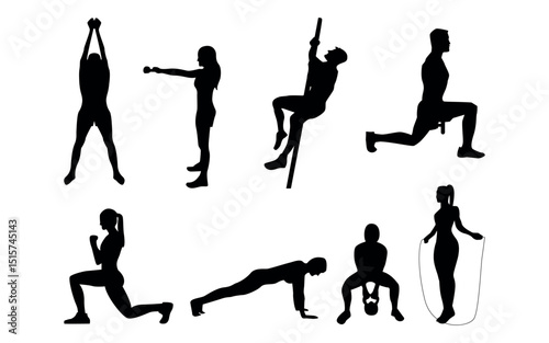 Set of Crossfit Silhouette in various poses isolated on white background
