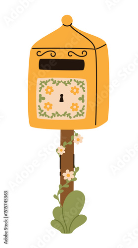 Cartoon yellow mailbox. Flat vector illustration.