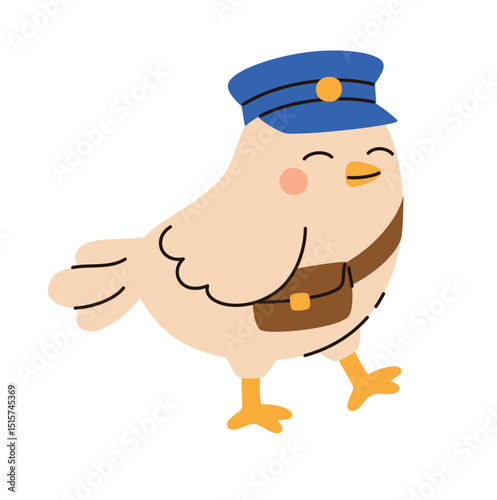 Cartoon carrier pigeon in a hat. Flat vector illustration.