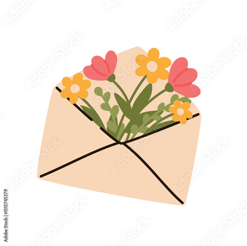 Envelope with pink and yellow flowers. Flat vector illustration.