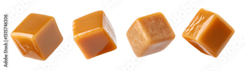 Shiny caramel candy cubes with one piece dripping sauce, floating against a white background, highlighting sweetness and texture.