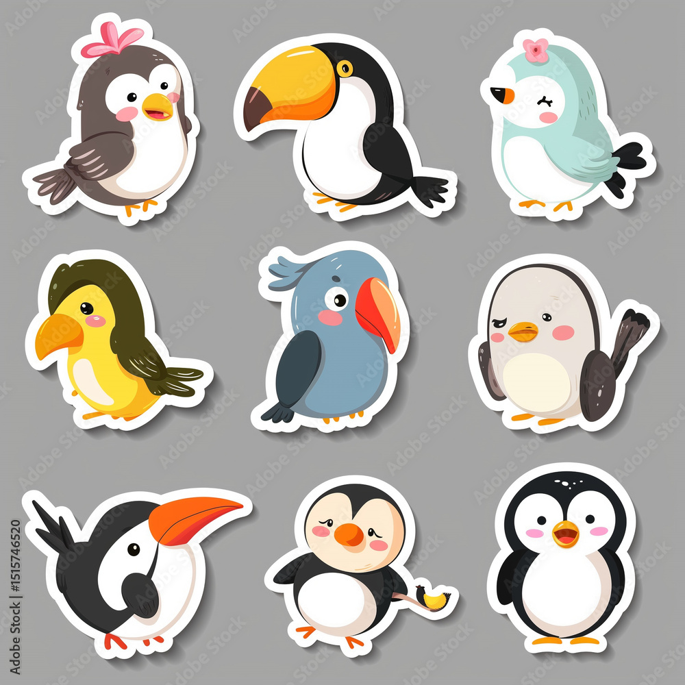Fototapeta premium Cute cartoon sticker set of various bird species and expressions