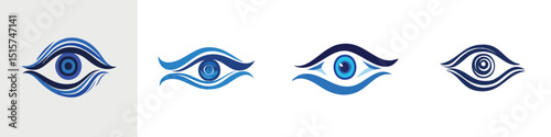A modern vector logo suite presents four minimalistic eye symbols rendered in flowing blue curves and concentric circles, evoking clarity, vision, technology, and a sleek aquatic aesthetic.