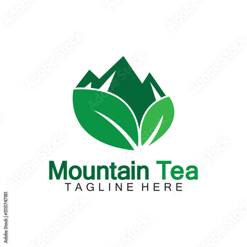 mountain tea logo concept, with a mountain and tea leaf icon in one logo