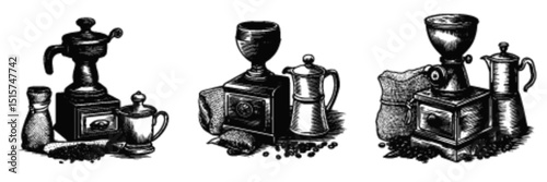 Vintage Coffee Grinder Illustrations in Black and White Style