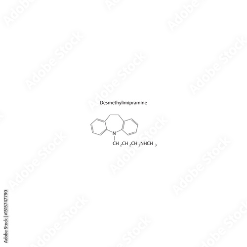 Desmethylimipramine skeletal structure. Active metabolite of imipramine compound schematic illustration. Simple diagram, chemical formula.