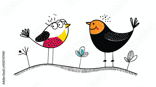 Two stylized birds stand on slender legs atop a gently curved hill, one featuring speckled black wings and a magenta belly patch, the other in solid black with golden accents, framed by simple plant