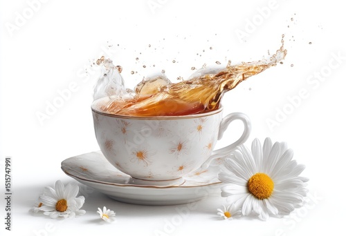 A porcelain teacup with a dynamic tea splash, adorned with small floral patterns, rests on a matching saucer, accompanied by several fresh daisies against a stark white background