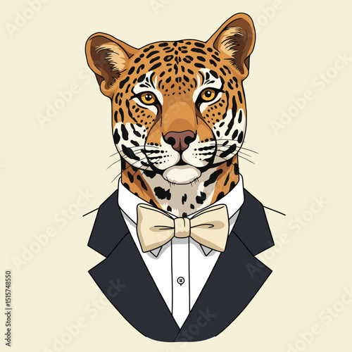 Jaguar Head in Tuxedo with Bow Tie Illustration Portrait