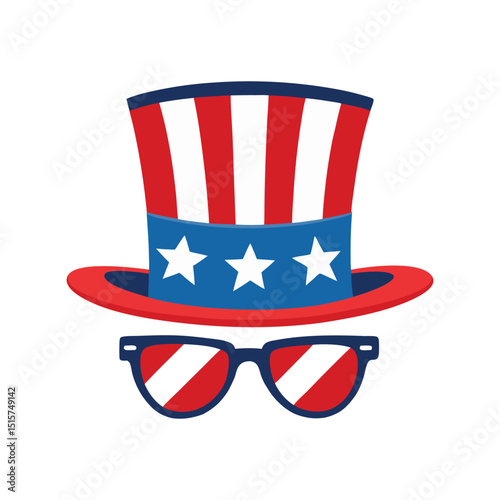 patriotic vector illustration of Uncle Sam hat and sunglasses with American flag colors isolated on white background