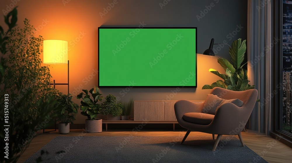 Fototapeta premium Living Room Green Screen. Mockup of TV with Chroma Key, Cozy Chair and Lamps in Contemporary Dark Design