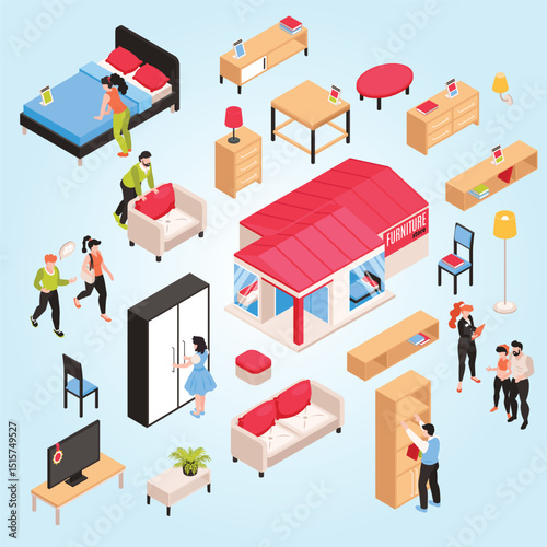 Furniture store isometric set of buyers sellers designers and wide choice of furniture samples isolated vector illustration