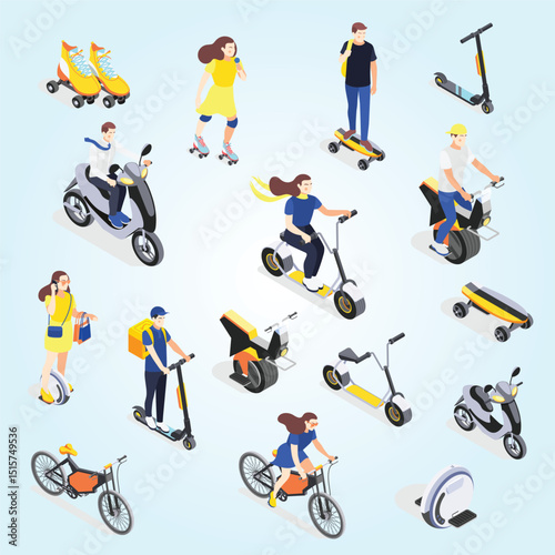 Modern city personal eco transport isometric icons set of skateboards bicycles gyro scooters electric vehicles vector illustration