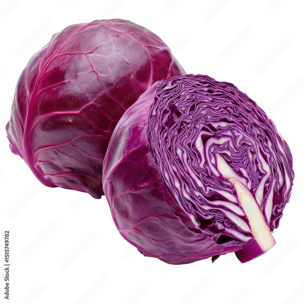 Obraz premium Fresh red cabbage on white background showcasing vibrant color and texture, fresh red cabbage isolated on white background
