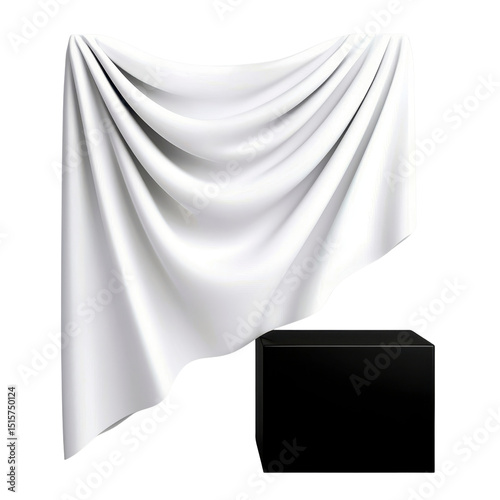 Draped white fabric over a dark pedestal box.