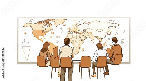 A team huddled around a world map, brainstorming and analyzing data. Whiteboard with global details