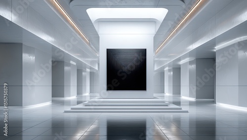 A minimalist, white hallway features a large, dark artwork on a raised platform, illuminated by sleek overhead lighting and reflecting on the polished floor